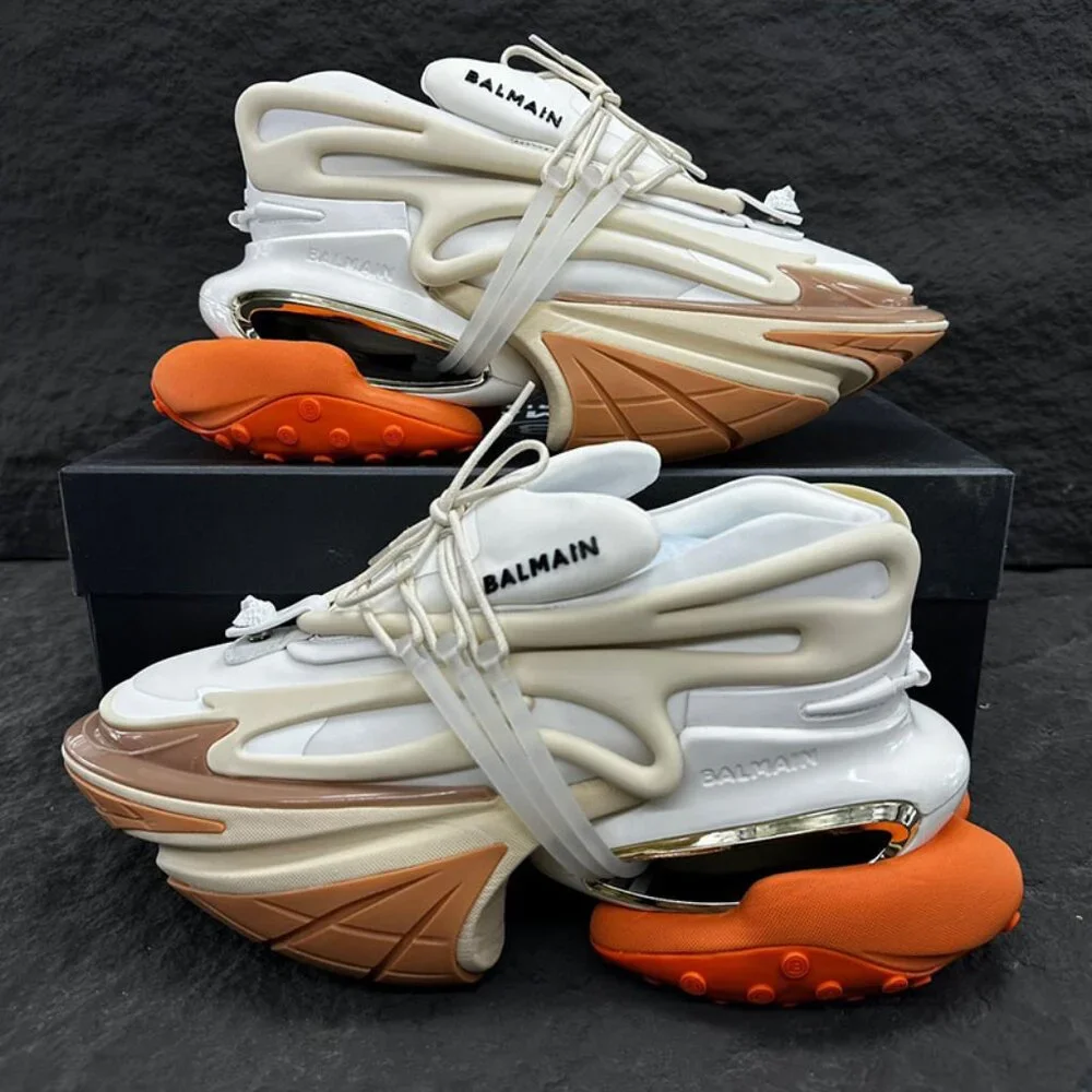 Balmain Unicorn Low-Top Platform Sneakers, Unisex, White And Orange - Picture 1 of 9